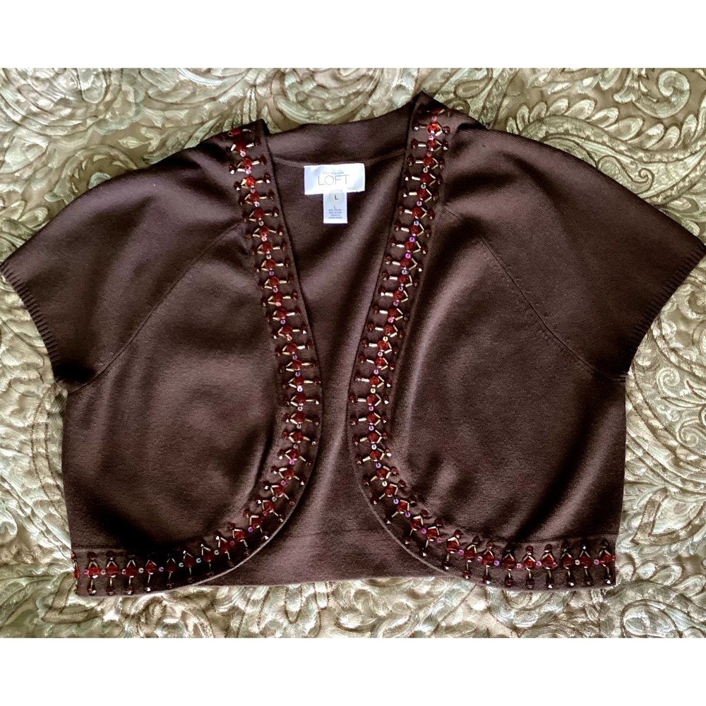 NWOT ANN TAYLOR LOFT Brown Sequin Cardigan Sweater L - Colored faux rhinestone